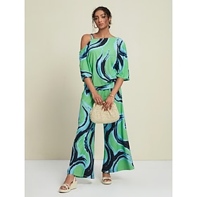 Geometric Mismatched Slash Neck Cold Shoulder Two Piece Set