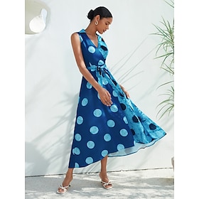 Satin Polka Dot Sleeveless Belted Midi Dress