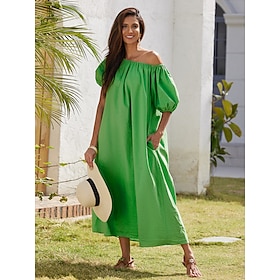 Women's Cotton Maxi Dress Casual Resort Wear Vacation Dress Green Loose Fit Off-Shoulder Puff Sleeve A line Summer Dress