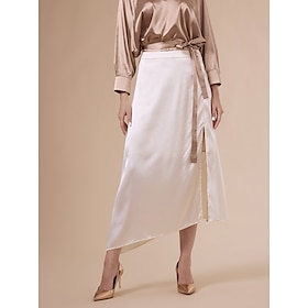 Charmeuse Beige Irregular Hem Midi Skirts