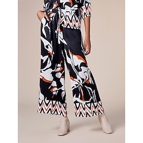 Satin Black Geometric Printing Wide Leg Casual Pants