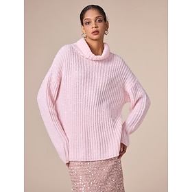 Turtleneck Ribbed Knit Wool Sequins Drop Shoulder Casual Daily Sweater